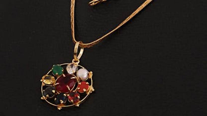 Round Navratana Pendant – 9 Gemstones, Gold Plated - Aemorio