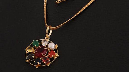Round Navratana Pendant – 9 Gemstones, Gold Plated - Aemorio