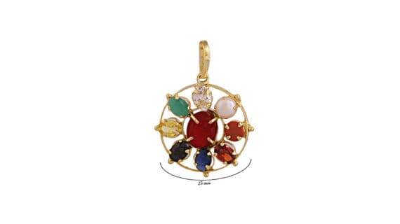 Round Navratana Pendant – 9 Gemstones, Gold Plated - Aemorio