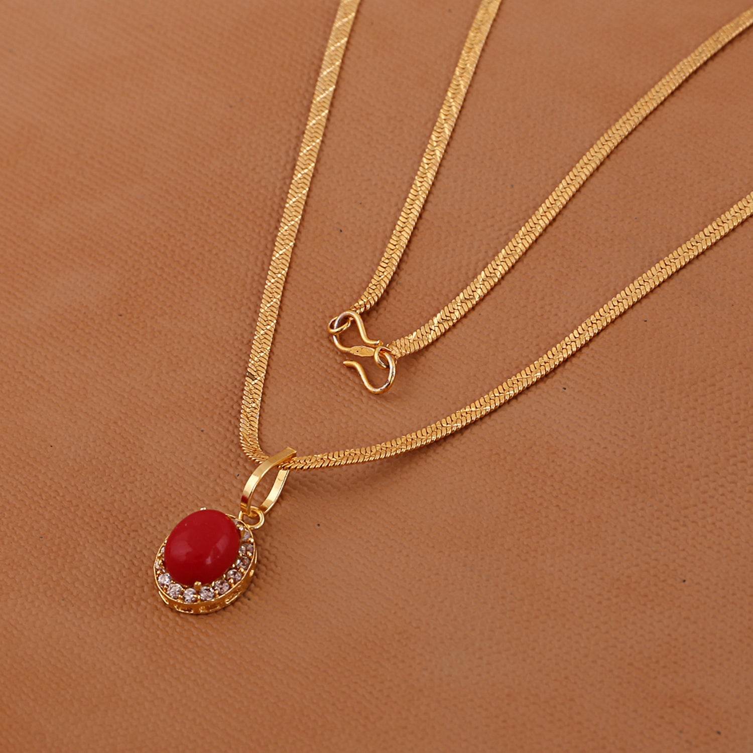 Elegant Synthetic Red Coral & Cubic Zircon Pendant - Aemorio