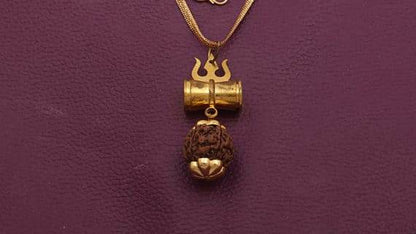 Gold-Plated Damru Trishul Rudraksha Pendant – Panchdhatu - Aemorio