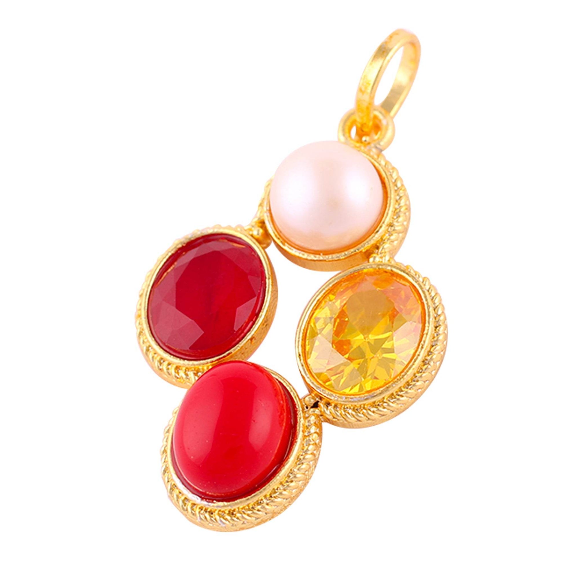 Pearl Yellow Sapphire Coral Ruby Stone Pendant - Gold Plated - Aemorio