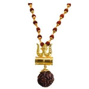 🕉️ Religious Trishul Pendant with Damaru & Rudraksha Mala Elegant Panchdhatu Jewelry for Spiritual Power and Protection - Aemorio