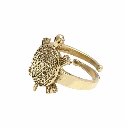 Gold Plated Panchdhatu Good Luck Tortoise Shree Yantra Ring - Aemorio