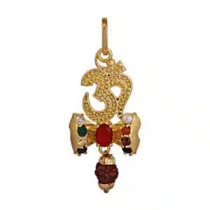 Navratan Rudraksha Om Pendant Golden Brass Made of Gemstone
