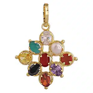 Multicolor Navratan Square Fashion Pendant in Golden Color Brass Casting Synthetic stone