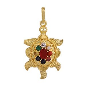 Navratan kachua / tortoise Locket Pendant Golden Brass Synthetic Gemstone