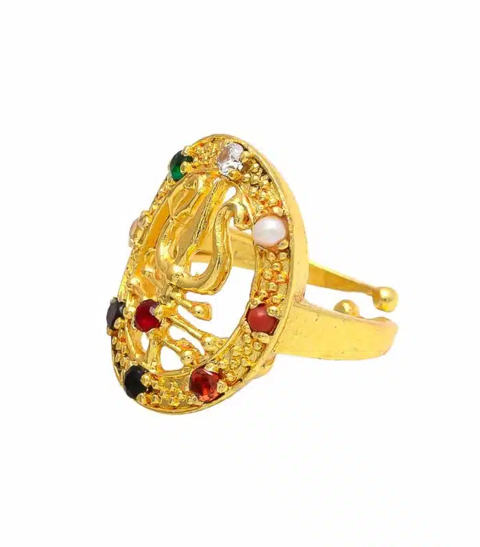 Navratan Trishul Lord Shiva Ring Gold Plated Adjustable Ring for Men & Women